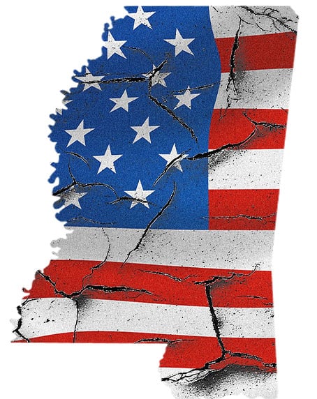Map of Mississippi made of damaged American Flag to signify the breakdown in our nation and state concerning the opioid epidemic.